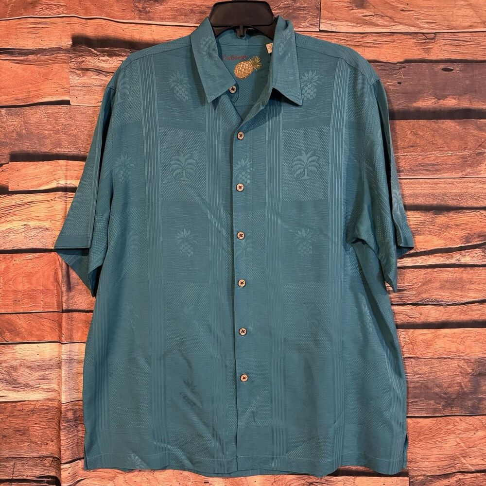 Caribbean Men's Large Silk Lyocell Camp Shirt Teal Pineapple Jacquard Casual